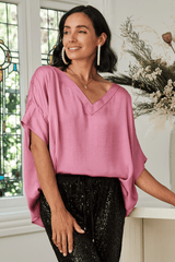 Bianca Short Sleeve Top Pink with V Neck