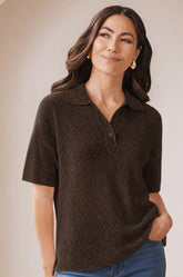 Coco Knitted Short Sleeve Collared Top Chocolate