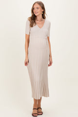 Taupe Ribbed Short Sleeve Maternity Knit Maxi Dress