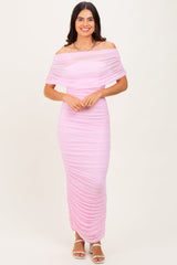 Light Pink Ruched Mesh Foldover Off Shoulder Maternity Maxi Dress
