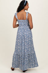 Blue Floral Smocked Ruffle Accent Maternity Maxi Dress