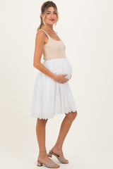 Beige Knit Contrast Eyelet Lace Skirt Maternity Mini Dress