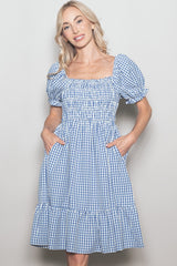 Blue Gingham Smocked Puff Sleeve Maternity Dress