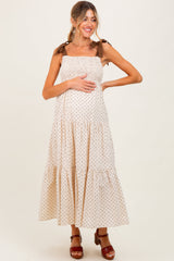 Cream Polka Dot Tiered Shoulder Tie Maternity Midi Dress