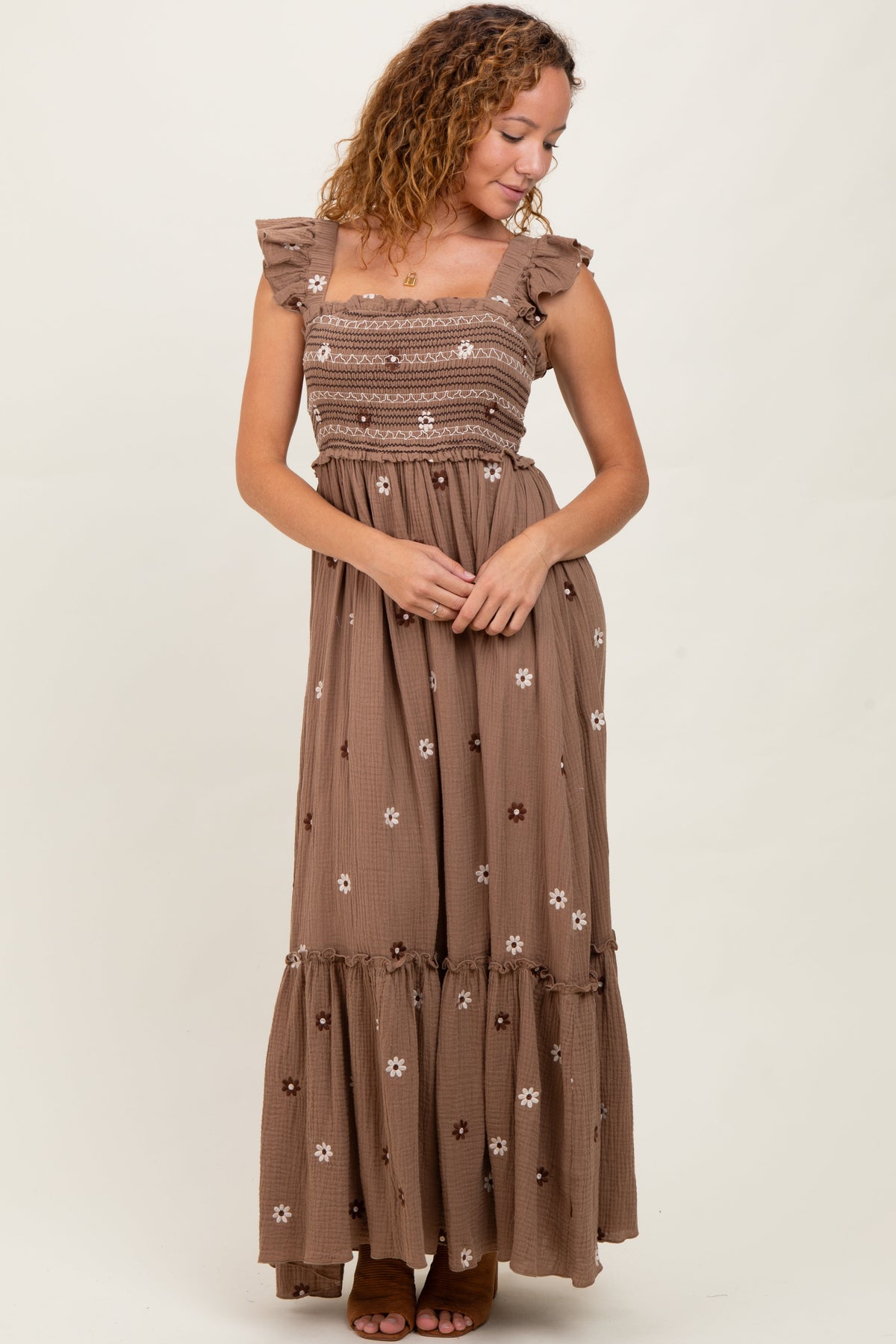 Mocha Floral Embroidered Smocked Maternity Maxi Dress