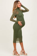 Olive Green Mesh Overlay Fitted Maternity Midi Dress