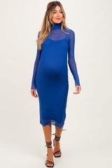 Royal Blue Mesh Overlay Fitted Maternity Midi Dress