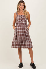 Brown Plaid Square Neck Maternity Dress