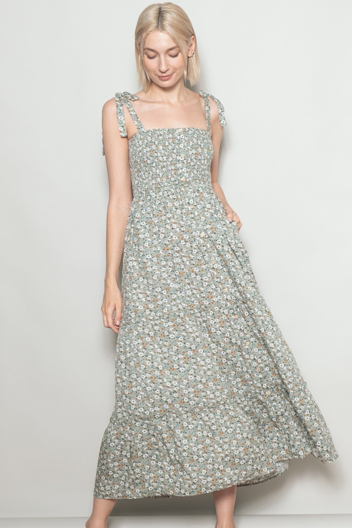 Light Olive Floral Button Down Shoulder Tie Maternity Maxi Dress