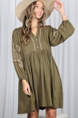 Olive Embroidered V-Neck Long Sleeve Maternity Dress