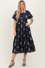 Navy Floral Embroidered Puff Sleeve Maternity Midi Dress