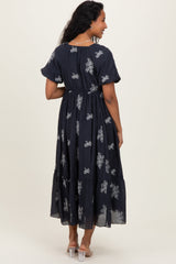 Navy Floral Embroidered Puff Sleeve Maternity Midi Dress