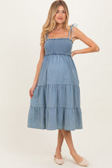Light Blue Vintage Wash Denim Smocked Maternity Dress