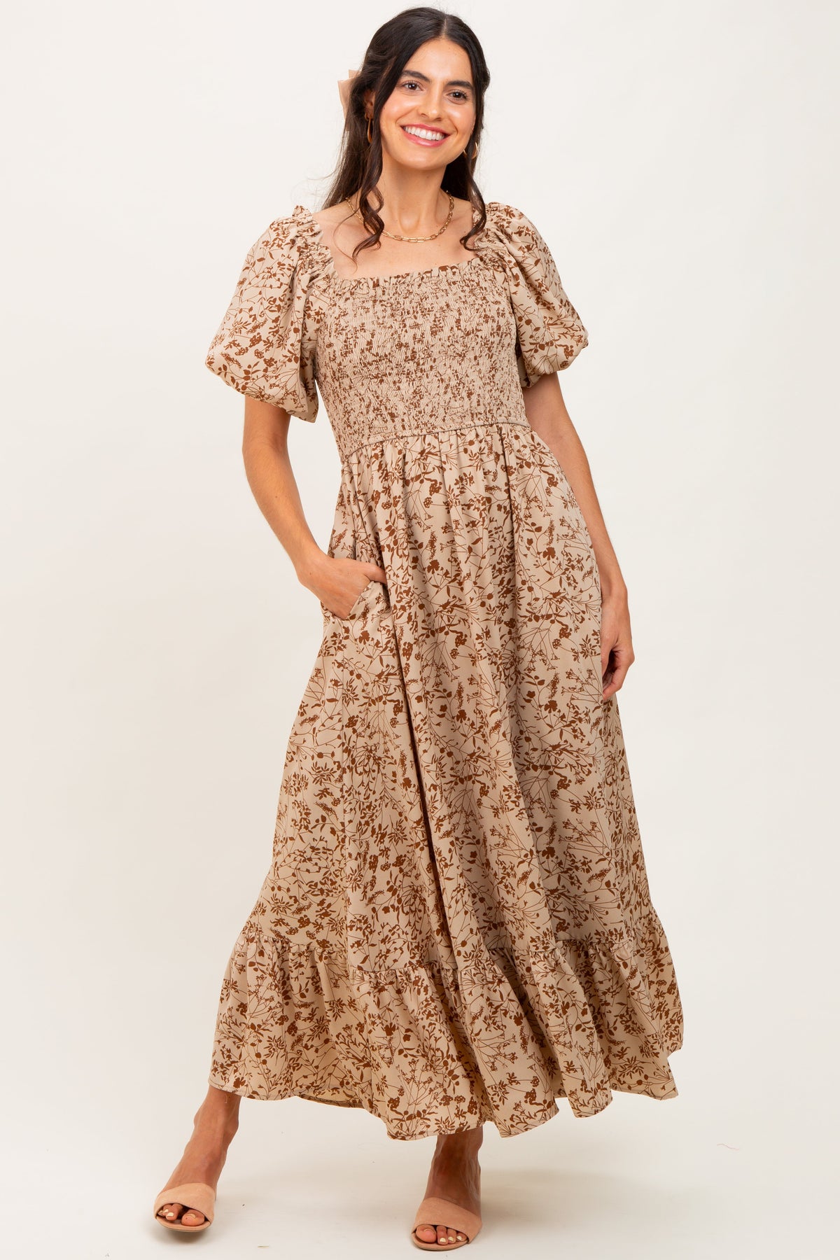 Mocha Leaf Print Smocked Square Neck Puff Sleeve Maternity Maxi Dress