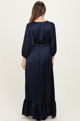 Navy Solid Satin Long Sleeve Open V-Neck Ruffle Waist Tiered Maternity Maxi Dress