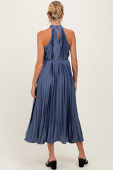 Navy Blue Pleated Maternity Halter Dress