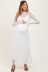 White Lace Mock Neck Long Sleeve Maternity Maxi Dress