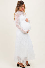 White Lace Mock Neck Long Sleeve Maternity Maxi Dress