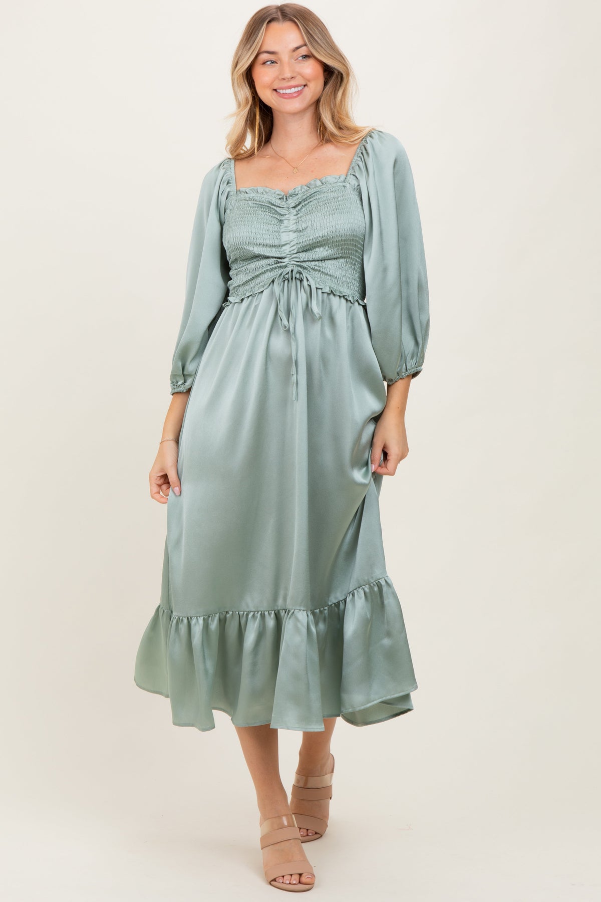 Light Olive Satin Smocked Cinched Bust Maternity Midi Dress