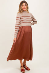 Brown Striped Contrast Sweater Top Maternity Maxi Dress