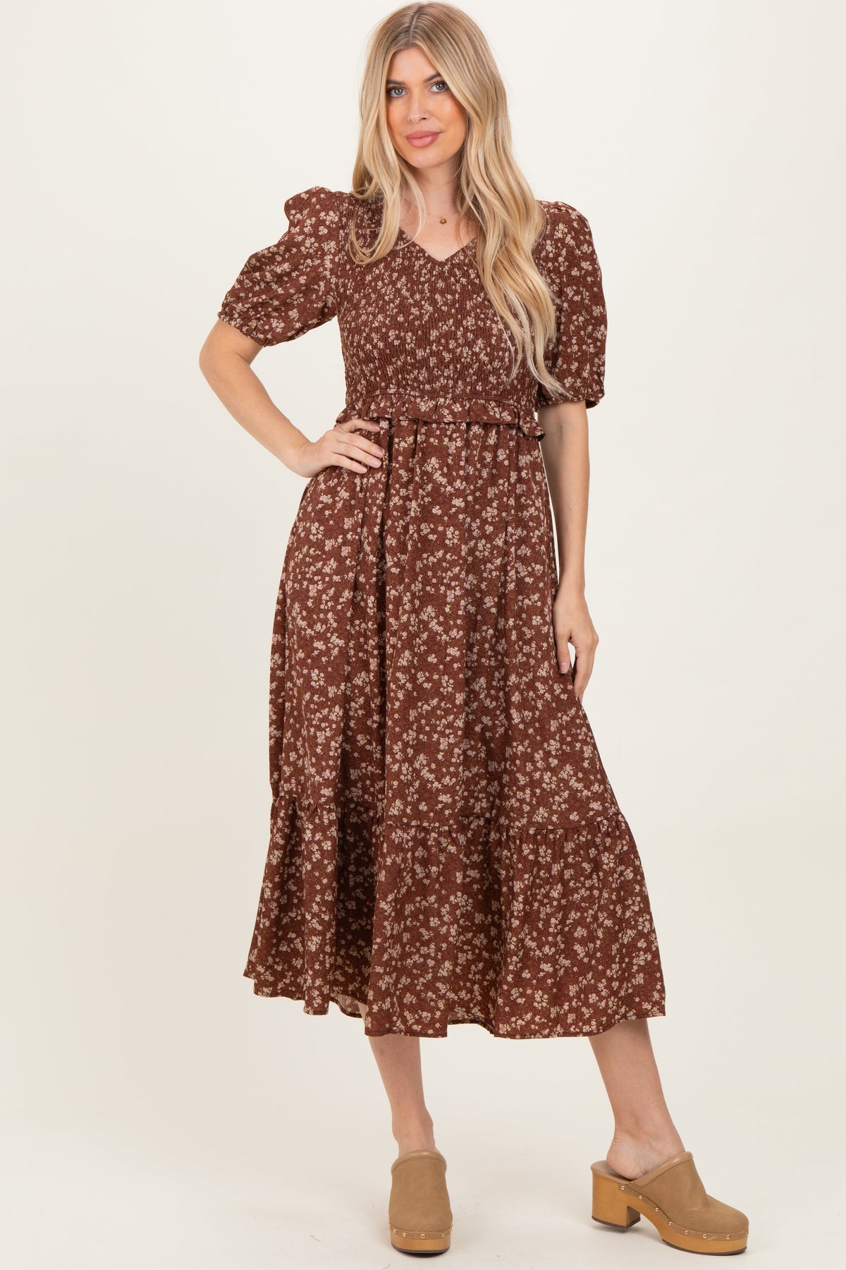Brown Floral Smocked Short Sleeve Maternity Midi Dress