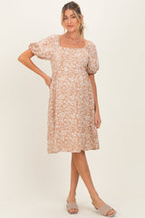 Taupe Floral Jacquard Square Neck Maternity Dress