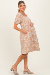 Taupe Floral Jacquard Square Neck Maternity Dress