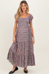 Blue Floral Off Shoulder Smocked Maternity Maxi Dress