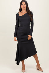 Black Asymmetric Hem Maternity Midi Dress
