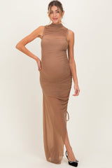 Mocha Mesh Ruched One Sleeve Maternity Maxi Dress