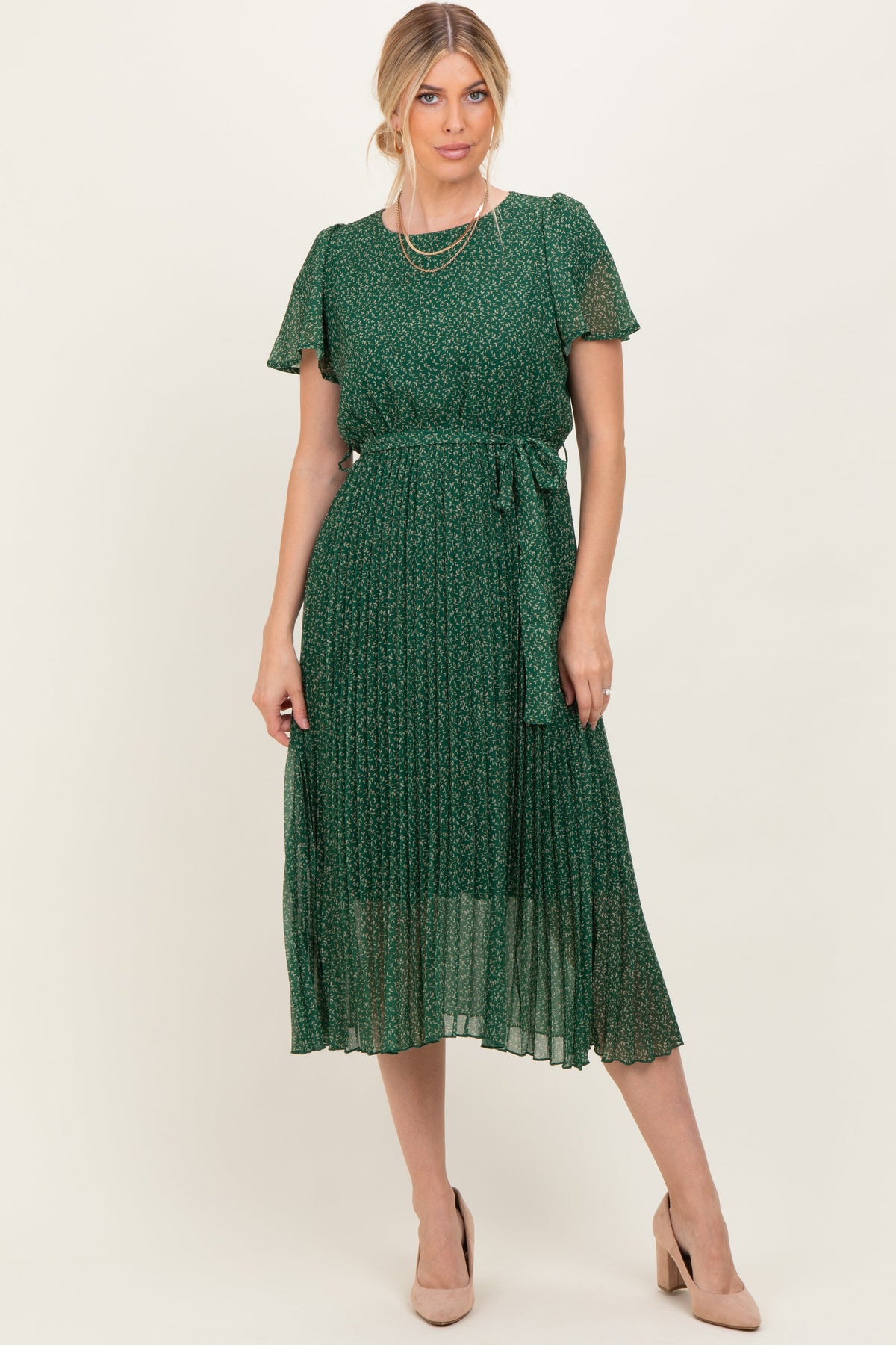 Forest Green Leaf Print Pleated Maternity Midi Dress