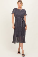 Grey Leaf Print Pleated Maternity Midi Dress
