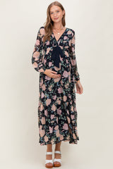 Navy Floral Chiffon Bow Tie Front Maternity Maxi Dress