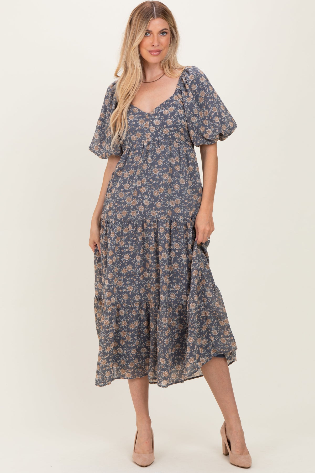 Blue Floral Sweetheart Neckline Puff Sleeve Maternity Maxi Dress
