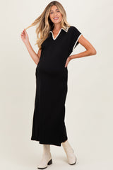 Black Collared Stitch Detail Short Sleeve Maternity Midi Dress