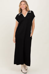 Black Collared Stitch Detail Short Sleeve Maternity Midi Dress