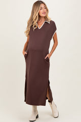 Brown Collared Stitch Detail Short Sleeve Maternity Midi Dress