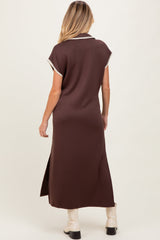 Brown Collared Stitch Detail Short Sleeve Maternity Midi Dress