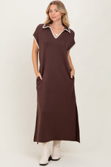 Brown Collared Stitch Detail Short Sleeve Maternity Midi Dress