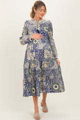 Blue Floral Patchwork Print Front Tie Maternity Midi Dress