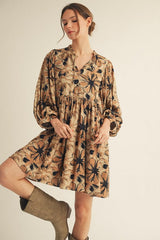 Camel Floral Front Tie Bubble Sleeve Maternity Mini Dress