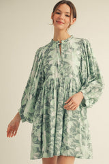 Light Olive Floral Front Tie Bubble Sleeve Maternity Mini Dress