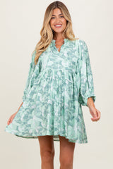 Light Olive Floral Front Tie Bubble Sleeve Maternity Mini Dress
