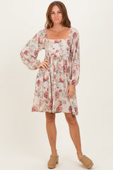 Cream Rose Floral Long Sleeve Maternity Dress