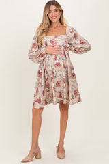 Cream Rose Floral Long Sleeve Maternity Dress