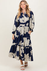 Navy Floral Long 3/4 Sleeve Tiered Maternity Midi Dress
