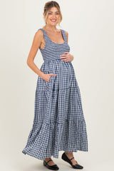 Blue Gingham Sleeveless Tiered Maternity Maxi Dress