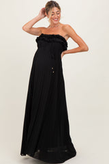 Black Ruffled Chest Pleated Maternity Maxi Dress With Self Tie