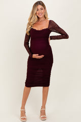 Burgundy Ruched Lace Sleeve Maternity Midi Dress
