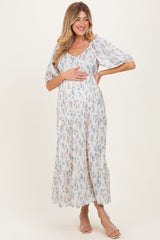 Cream Floral Puff Sleeve Tiered Maternity Maxi Dress